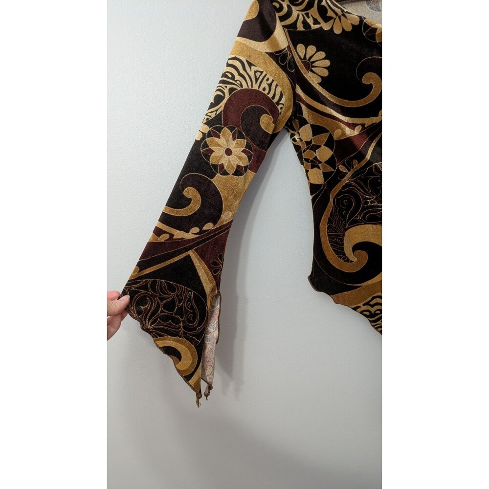 Vintage 90s Y2K Velvet Top M Fairy Grunge Asymmetric Brown Whimsigoth Geo Floral - Picture 2 of 9